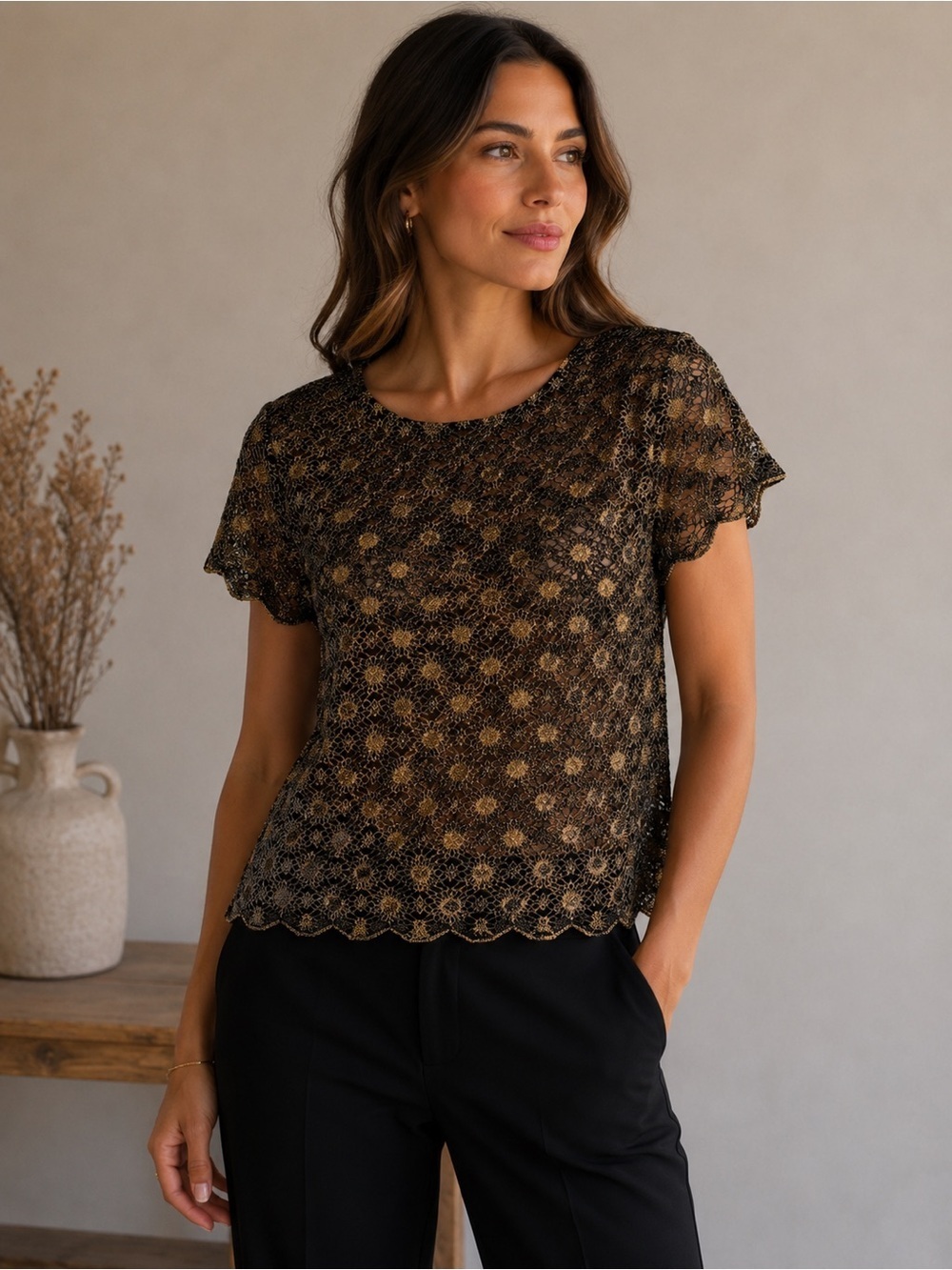 Reitmans Black and Metallic Gold Short Sleeve Sheer Lace Top Size L XL Evening